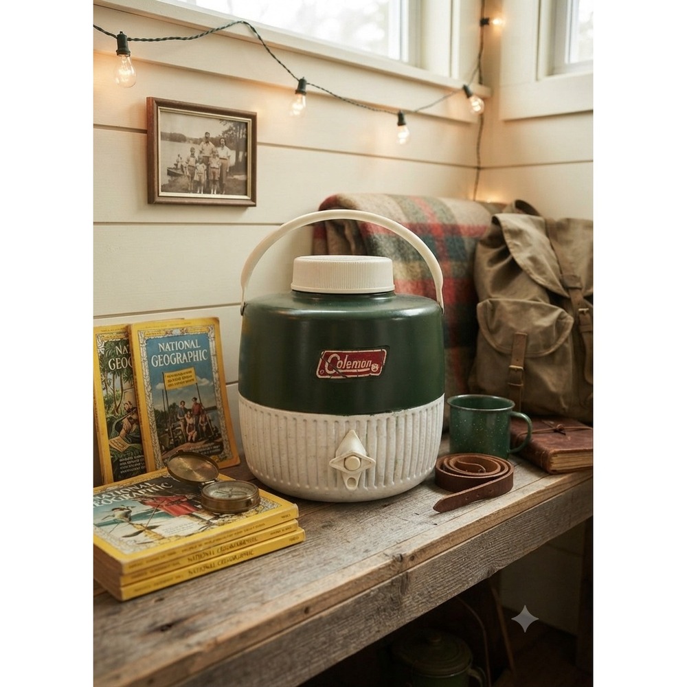 Vintage Coleman Water Jug Cooler Green White 1 Gallon Push Button Spout Handle